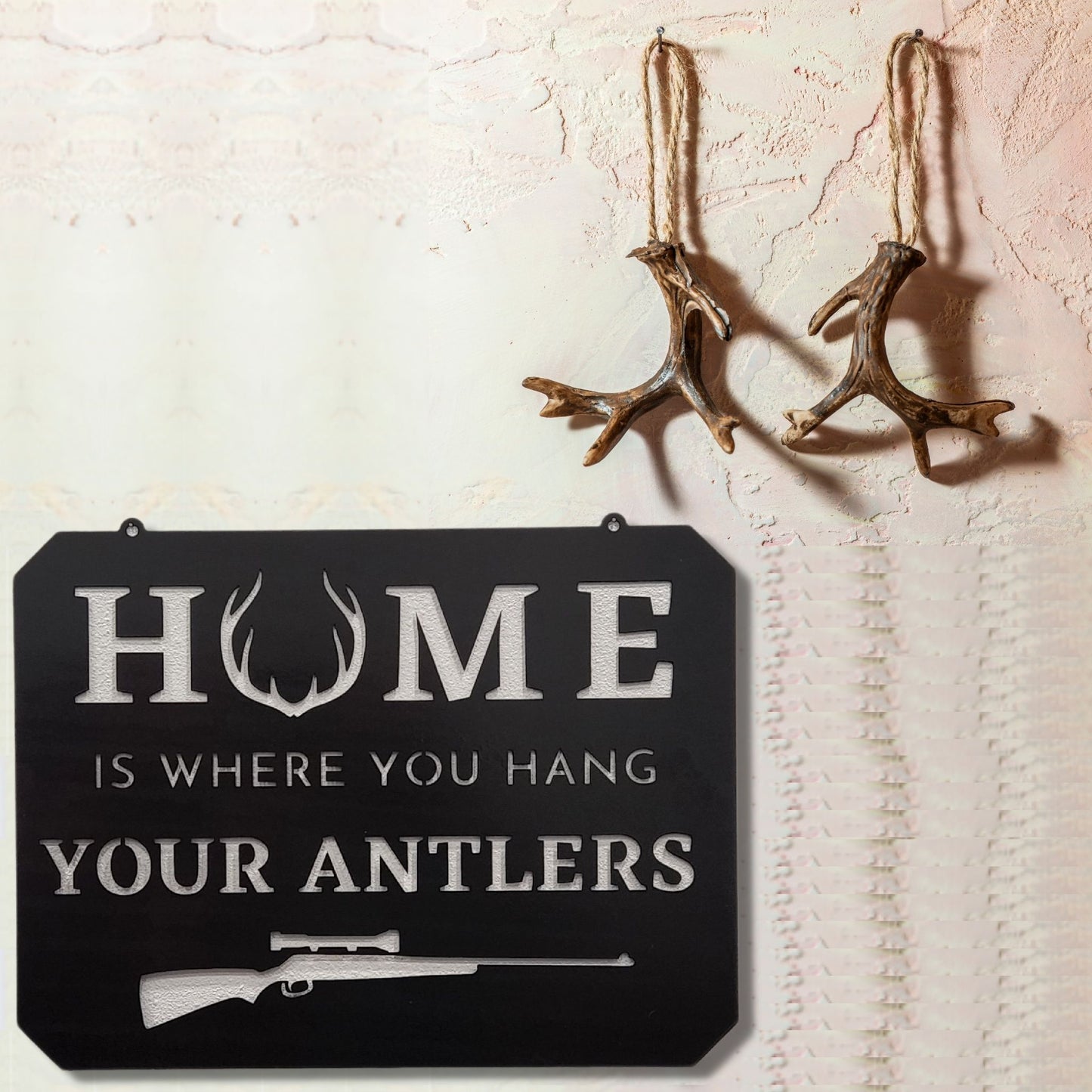 "Home Is Where You Hang Your Rifle" Metal Hunting Wall Decor